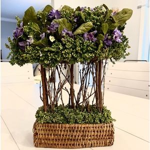 Spring Floral Topiary Basket purple greenery wooden cottage shabby chic. 14x12x4